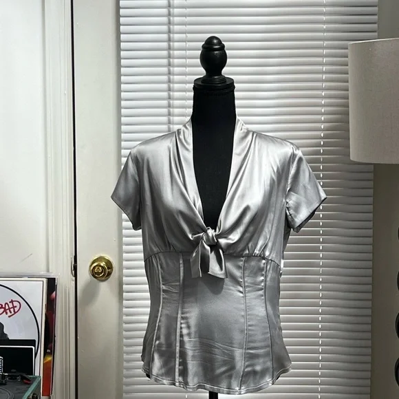 Silver Tie Front Fitted Blouse - Picture 4 of 15